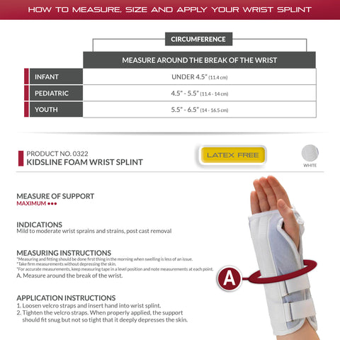 OTC KidsLine Wrist Splint, Soft Foam, Adjustable, Pediatric Support, White, Right