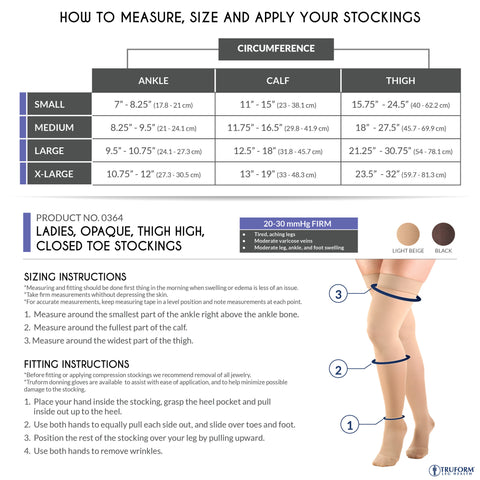 Truform Women's Compression Stockings, 20-30 mmHg, Thigh High Length, Closed Toe, Opaque