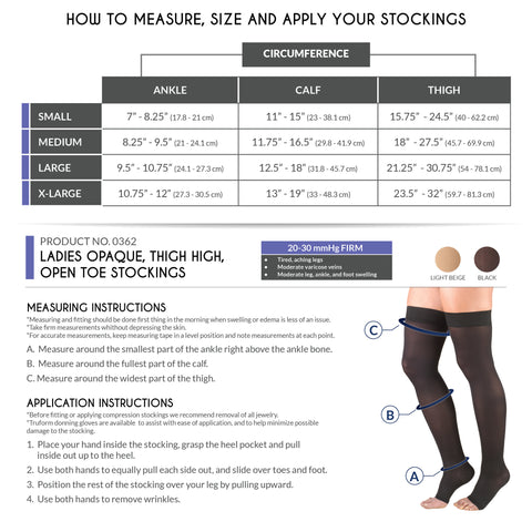 Truform Women's Compression Stockings, 20-30 mmHg, Thigh High Length, Open Toe, Opaque