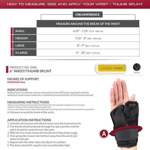 OTC Wrist-Thumb Splint, 6-Inch Petite or Youth Size, Lightweight Breathable, Black, Left