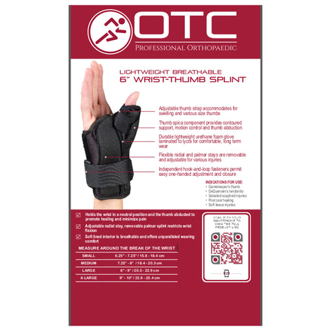 OTC Wrist-Thumb Splint, 6-Inch Petite or Youth Size, Lightweight Breathable, Black, Left