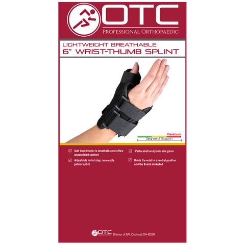 OTC Wrist-Thumb Splint, 6-Inch Petite or Youth Size, Lightweight Breathable, Black, Right