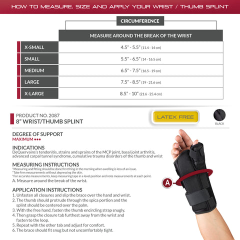 OTC Wrist-Thumb Splint, 8-Inch Adult, Lightweight Breathable, Black, Right