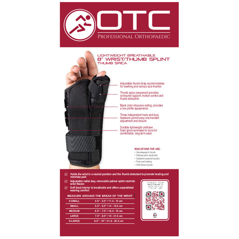 OTC Wrist-Thumb Splint, 8-Inch Adult, Lightweight Breathable, Black, Left