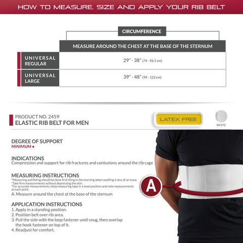 OTC Rib Belt For Men, 6-Inch Chest Panel, Elastic Compression, Universal Fit, White