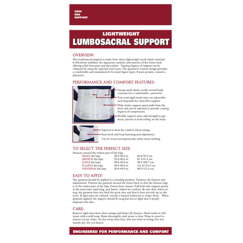 OTC Lumbo-Sacral Support, Lower Back, Metal Stay Insert, Strong Mesh Elastic, White