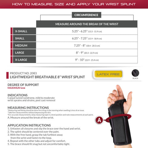 OTC Wrist Splint, 8-Inch Adult, Lightweight Breathable, Black, Left