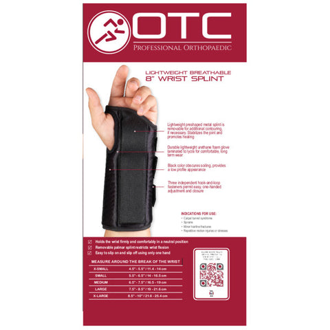 OTC Wrist Splint, 8-Inch Adult, Lightweight Breathable, Black, Right